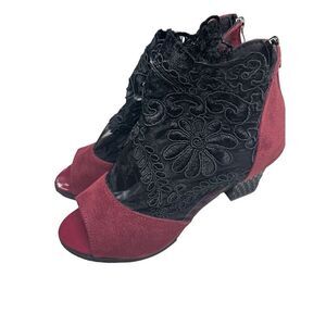 Women's Floral Mesh Lace Elegant Heeled Peep Toe Ankle Booties Black Size 40